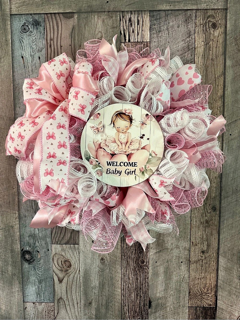 22” Handmade Pink & White Baby Girl Wreath